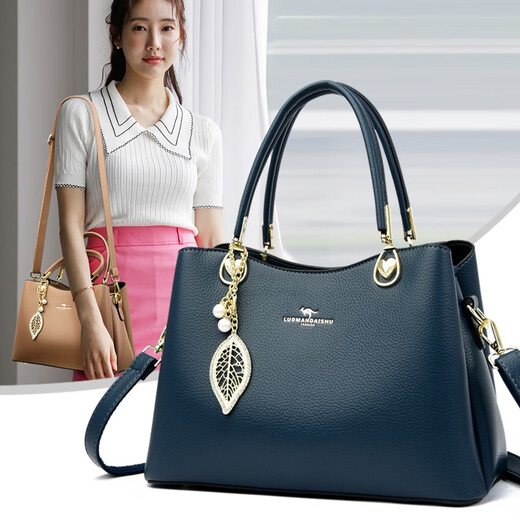 Kangaroo Kara brand genuine leather women's bag for holiday gift to mother cowhide bag for women 2025 new middle-aged ladies crossbody bag handbag dark blue (gift box + hand bag card bag pendant)