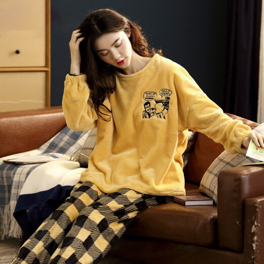 Lianwei Pajamas for Women Spring, Autumn and Winter Coral Velvet Thickened Warm Long Sleeves Round Neck Cute Korean Style Internet Celebrity Large Size Can Be Weared Outside Home Clothes Set Small Yellow Duck Down L Size (Weight 100-120Jin [Jin is equal to 0.5 kg])