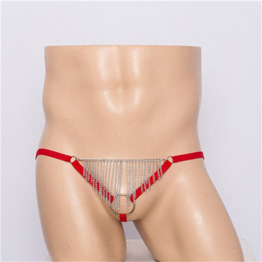 Men's thong one strap sexy transparent pouch gun bullet separation hoop tassel lace physiological underwear for men red