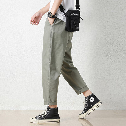 Jewish casual pants for men in summer new loose ice silk straight sport nine-point pants for men conical Korean style trendy trousers 9904 gray-green 2XL