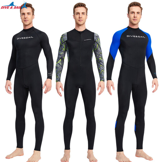 DIVE SAIL professional diving suit men's one-piece sun protection quick-drying long-sleeved long pants snorkeling diver surfing beach swimsuit black floral sleeves (front zipper) D030070M XL