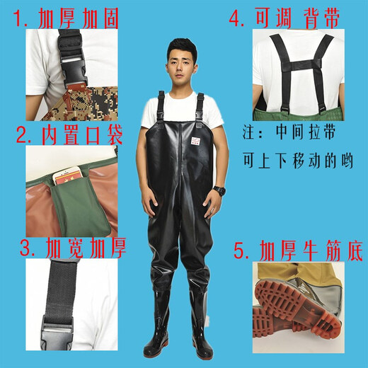 Hongshiyu thickened half-body waders for catching fishing one-piece full-body waterproof clothes men's leather water-forked pants wear-resistant reservoir fishing clothes thickened black leather pattern half-body 110 silk 39