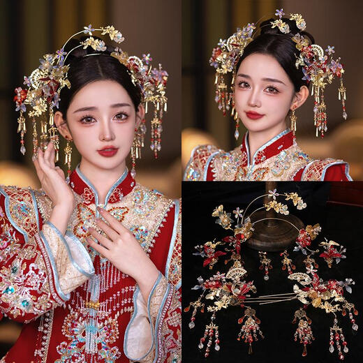 KZD New Chinese Style Xiuhe Headwear 2024 New Style Ancient Style Bridal Hair Accessories Xiuhe Clothing Wedding Dress Accessories Because of You Tiara Set (Ear Clip)