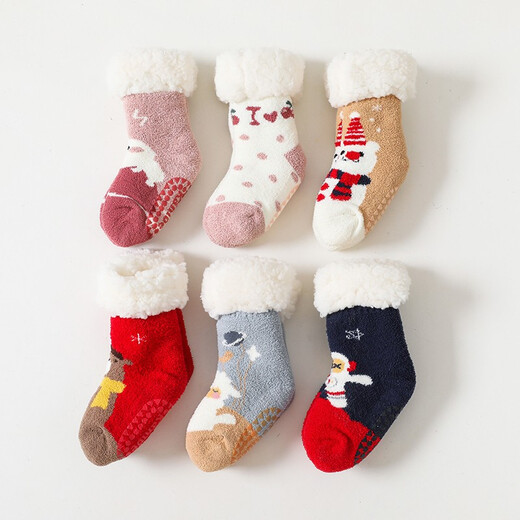 Wenlixuan winter velvet baby floor socks children's non-slip socks men's and women's socks thickened and warm cartoon mid-tube sleep socks Khaki Snowman S size 0-2 years old