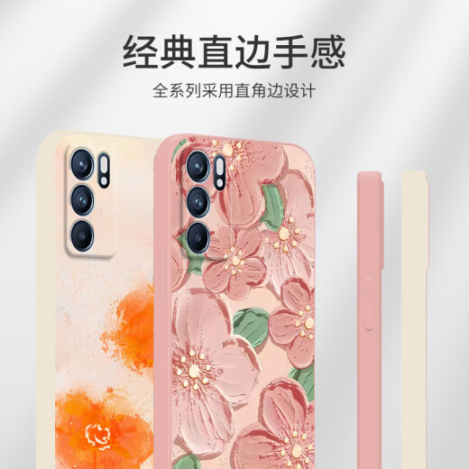 Seven shells are suitable for OPPOReno6 mobile phone case, new female fresh 6pro + watercolor champagne rose flower silicone lens all-inclusive anti-fall soft shell fashion internet celebrity ins girl powder - oil painting flower powder + hand rope RENO6PRO