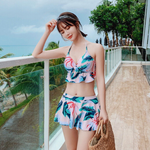 Jieshu Qizi swimsuit women's conservative split three-piece set push-up belly-covering boxer briefs skirt-style blouse Korean version sexy hot spring swimsuit light skin XL (108-120Jin [Jin equals 0.5 kg])