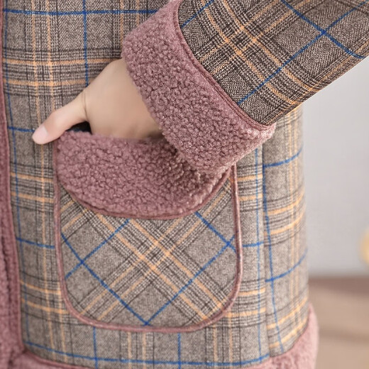 Wanhe middle-aged and elderly women's clothing, temperament, velvet and thickened coat, lapel plaid cotton coat, middle-aged mother's short cotton jacket and cotton coat