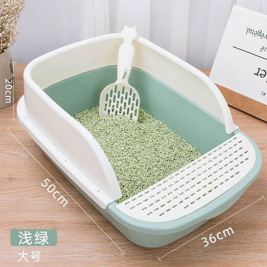 Shanbei cat litter box, cat feces basin, large open cat toilet, splash-proof, semi-enclosed, kitten deodorant supplies (fence type) dark green small size + cat bowl + free shovel