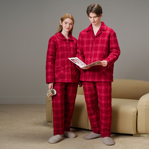 American Standard Couple Three-Layer Thickened Padded Pajamas Set for Women Autumn and Winter Red Wedding Pure Cotton Plaid Home Clothing for Men Cherry Red (Male) XL