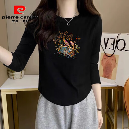 皮尔卡丹白色正肩长袖t恤女早春2024新款棉打底衫洋气减龄内搭上衣春季 C103-753黑 M