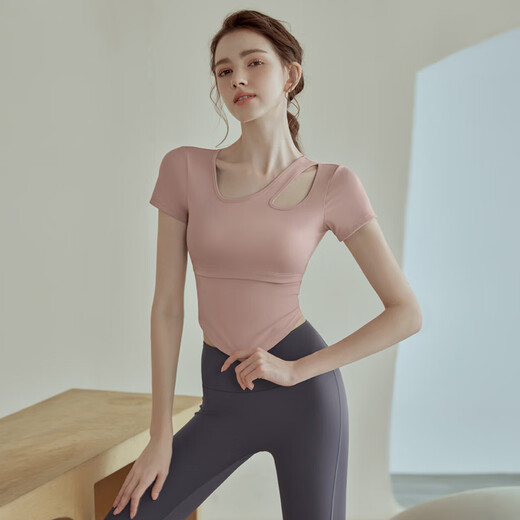 COZOK yoga wear women's short-sleeved 2025 new summer high-end fitness top Pilates training morning running sports suit apricot color top fixed cup chest pad main picture M