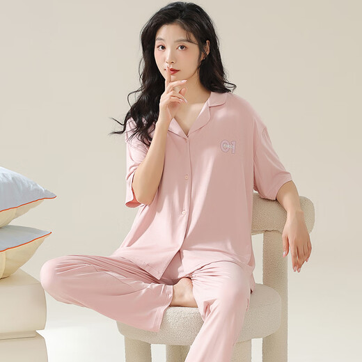 莫代尔女士睡衣夏2025新款冰丝短袖长裤开衫韩版夏天薄款宽松家居服 09M12109 M