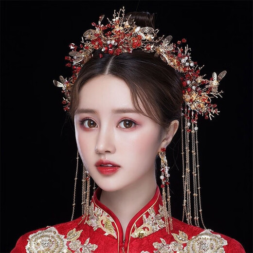 Haiyiduo bridal hair accessories, Xiuhe clothing headdress, wedding bride's tassel step, phoenix crown, Chinese wedding dressing gown, elegant and beautiful, model headdress set + ear hook style