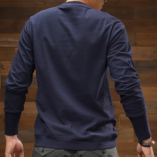 Ji Yan's high-end 220g heavyweight pure cotton Henley shirt spring and autumn American retro long-sleeved Ami khaki solid color sweatshirt for men blue XL