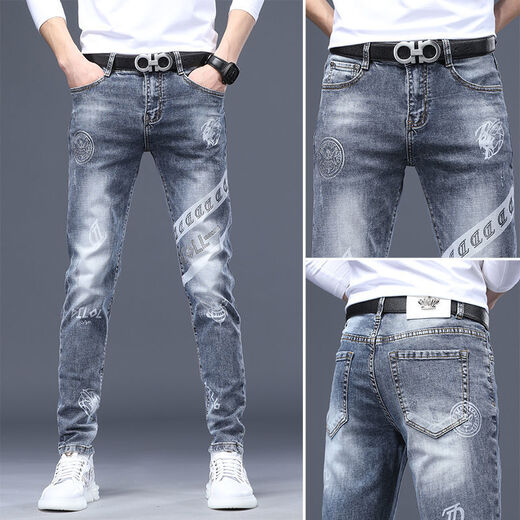 European moderno marca de moda y otoño Jeans impresos con luz impresa para hombres European European pantalones de moda elástica de alta gama SN1916 Blue Grey 6628 31 Circunción de cintura (2 pies 4)