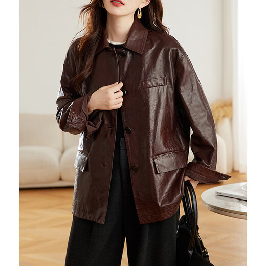Fabersa brand autumn 2025 oil wax sheepskin popular high-end Maillard genuine leather leather jacket women's mid-length coat women's oil wax leather jacket S recommended 80-110Jin Jin equals 0.5 kg