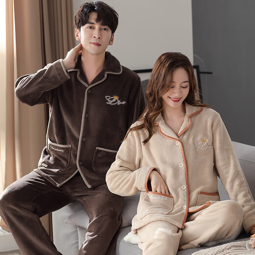 LangSha Couple Pajamas Women's Winter Flannel Home Clothes Men's Fall Velvet Casual Loose Suits Women's Autumn and Winter Style A2731 Beige Female M