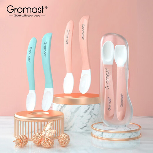 Gromast baby spoon baby silicone spoon children's tableware supplementary food bowl spoon newborn eating training water feeding soft head spoon pink