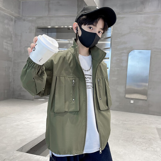 McDouble Bear Boys' Jacket Spring and Autumn Fashion Style 2025 New Medium and Large Children's Spring Casual Jacket Fashion Top Work Style Green (8326 Spring and Autumn Style) 160
