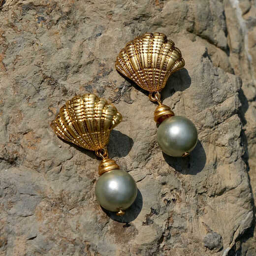 Shellfish Tahitian French retro pearl earrings gray shell beads pendant literary light luxury ear clip women's earrings (silver needle)