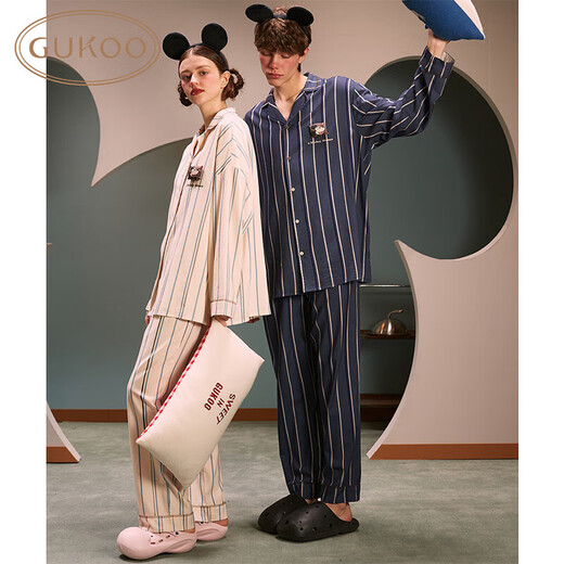 Gukoo couples pajamas Disney series joint spring and autumn home clothes striped lapel pajamas for men and women almond white women M