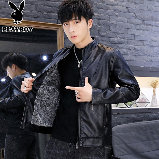 Playboy Autumn and Winter Leather Jackets Men's Trendy Jackets Men's Casual Men's Leather Jackets Handsome Motorcycle Clothing Tops 8961 Black Velvet M