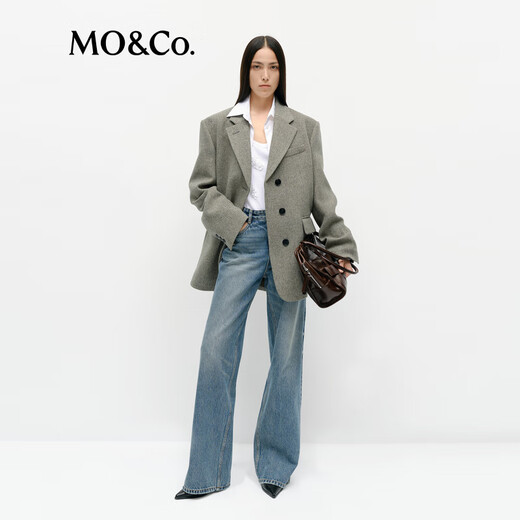 MO&Co. Suit Spring Retro Brown Green Herringbone Sheep Wool Padded Broad Shoulder Jacket MBE1BLA005 Green Mixed Color S