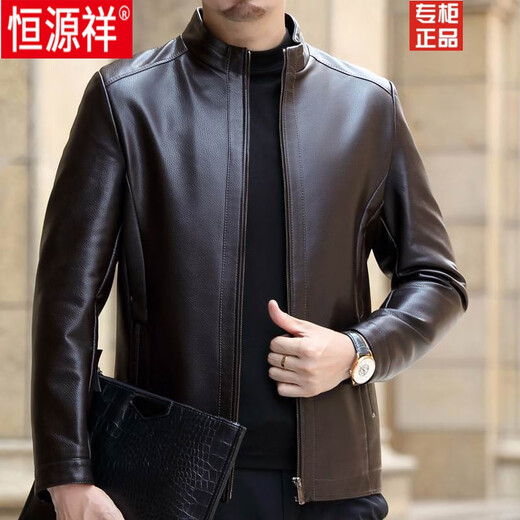 Hengyuanxiang Brand Men's Genuine Leather Jacket Men's Jacket Spring and Autumn Slim Motorcycle Suit Middle-aged Casual Men's Leather Jacket Dad Brown Velvet 170