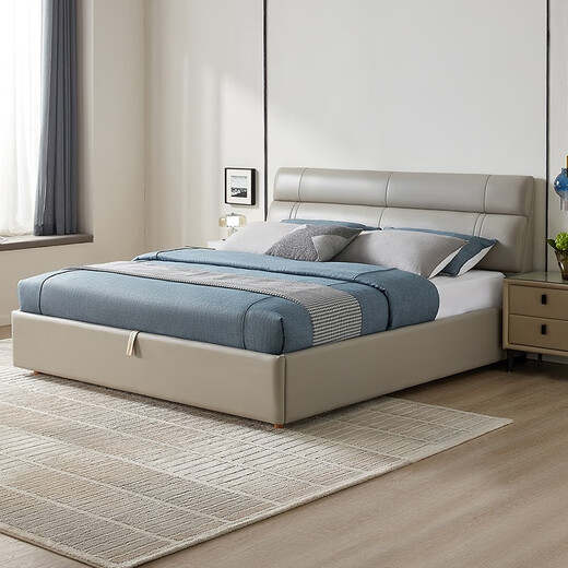 Quanyou (Quanu) Heimbett Leder Italienisch minimalistisch Doppelbett 1,8 m Technologie Stoff Weiches Bett Hauptbett Hochkasten Aufbewahrung Hellgrau Ein High -Box -Modell 1,8 m Lederbett + 825b Nachttisch *2