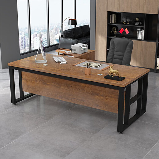 Rusen Office Boss Desk Manager Desk Leadership Office Desk and Chair Combination Modern Simple Single Computer Desk Black Frame + Golden Oak Color 160*60 Table + Side Cabinet