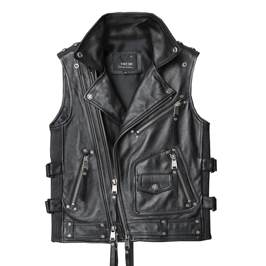 Lee dprre vest cowhide leather jacket men's short cycling heavy motorcycle leather vest trendy black 3XL