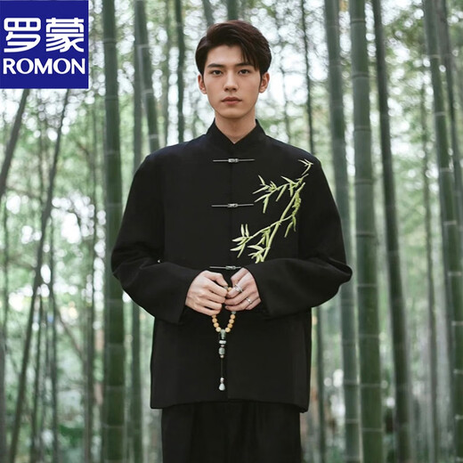 ROMON New Chinese tunic suit, engagement groom suit, men's wedding wedding high-end coat, national style embroidered suit suit, black jacket + pants XL