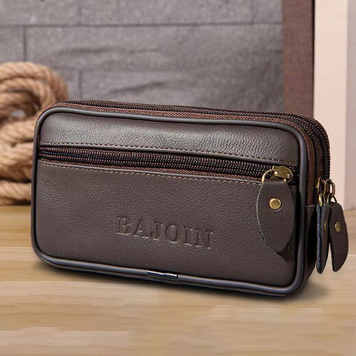 Junzi Taotao cowhide mobile phone waist bag men's construction site mobile phone bag horizontal style work belt mobile phone bag for men two layers of brown (can accommodate 18 cm long)