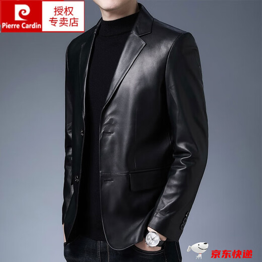 皮尔卡丹（pierre cardin）品牌高档男装  皮夹克外套男真皮皮衣男士西装皮夹克春秋修身头层 黑色头层绵羊皮 175-(建议120-140)