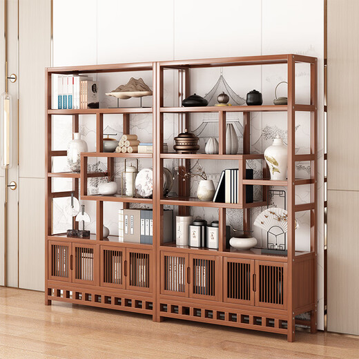 Wen Xinfu Bo ancient rack Duobao Pavilion tea display cabinet living room new Chinese style storage rack ancient ornaments cabinet bookshelf storage bold reinforcement damage compensation six layers 80 long simple style thickened laminate