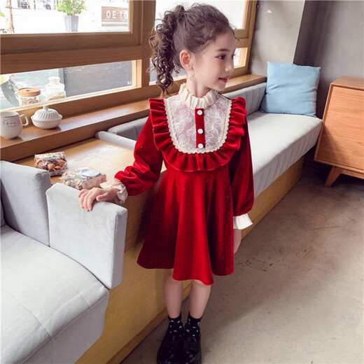 Xiaoqiao Fox 2026 winter new style girls red velvet dress children's velvet New Year's greetings girl princess skirt QQB red lace skirt velvet winter style 120