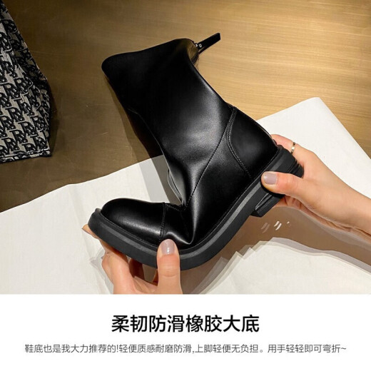 ZHR boots for women ins Internet celebrity Korean style women's boots soft leather temperament versatile heightening boots for women non-slip and wear-resistant N67 black 37