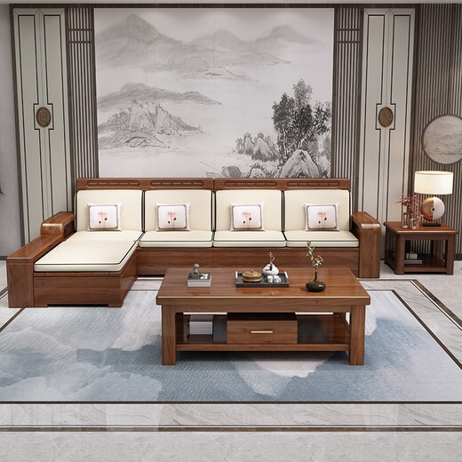 Chenya solid wood sofa walnut solid wood sofa combination modern Chinese style winter and summer dual-purpose large and small apartment storage furniture 70% users choose four-seater + imperial concubine couch + coffee table