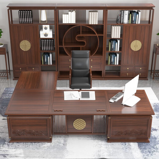 KOQUMGE New Chinese-style solid wood boss desk and chair combination, high-end and elegant executive desk, home office furniture, computer desk, 2.0-meter office desk (including side table)