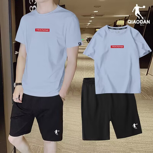 Jordan costume de sport hommes 2025 été nouveau coton respirant à manches courtes short à séchage rapide vêtements de course fitness pour hommes ensemble deux pièces 1349 bleu hydrogène + 1385 noir 2XL / 185