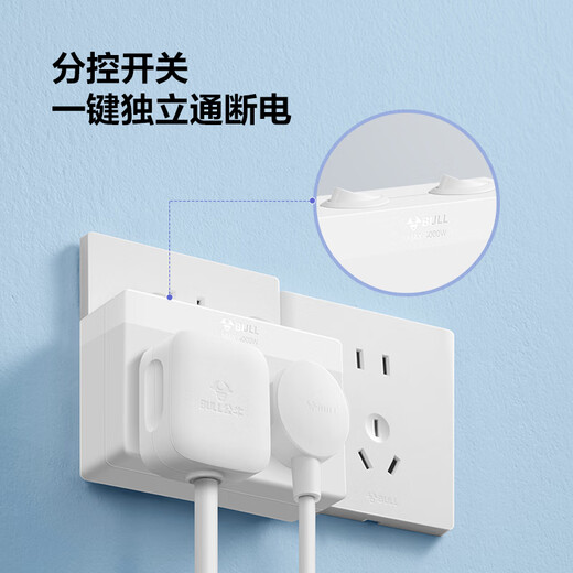 BULL high-power one-to-two socket/one-to-multi-switch conversion plug/power converter 2-position sub-switch wireless conversion socket Morning Mist White GN-Z9323D