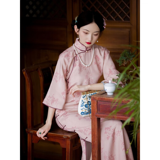 One-City Style Xucheng Feihua丨Retro Republic of China Style One-piece Heavy Silk Inverted Large Sleeve Cheongsam for Women Pink Print S