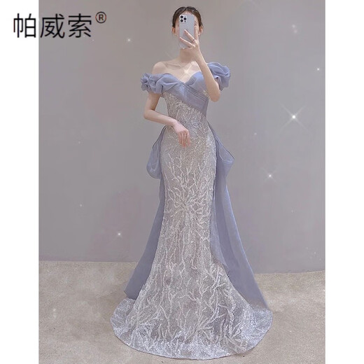 Paviso fishtail evening dress 2025 spring one-shoulder sequin fairy temperament bride toasting dress party host dress blue fishtail style L