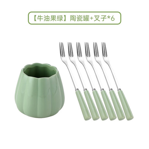 Durable fruit fork, household stainless steel fruit picks, dessert fork, coffee spoon set, storage fork, creative light luxury style, 1 can + 6 forks, avocado green
