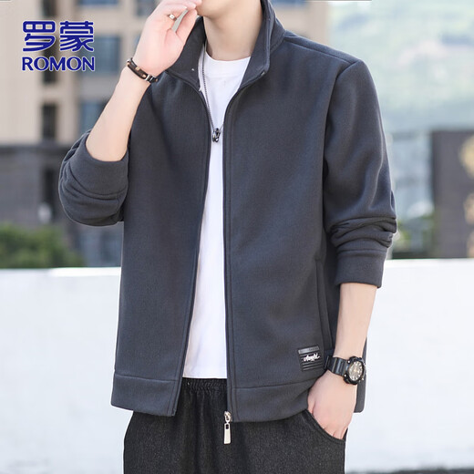 ROMON jacket men's autumn and winter jacket men's casual fleece jacket trendy polar fleece top men's dark gray XL