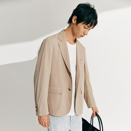 simple pieces西装外套夹克男SPS春秋简约高级感经典百搭休闲针织仿麻感 奶茶色 S