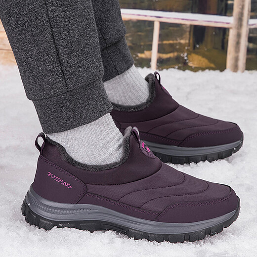 足力健艾爸爸老人鞋冬季妈妈鞋女加绒加厚防滑软底老北京布鞋中老年爸爸鞋 加绒棉鞋6629紫色（送袜子） 39 （送袜子）