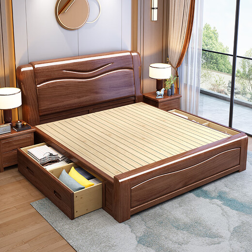 Fanyi Massivholzbett, goldene Walnuss -Single und doppelte 1,8 Meter 1,5 m chinesische leichte Luxus -Hochboxschubladen -Aufbewahrungsbett 826# Festholzbett + Nachttisch*1 1,8 m*2,0 m