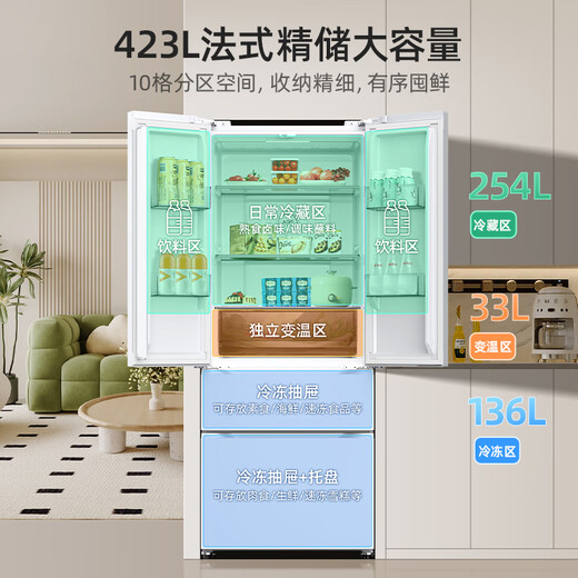 MeiLing worry-free built-in refrigerator 423 liters French double-door four-door multi-door household ultra-thin zero-level built-in first-class energy efficiency dual-frequency air-cooled frost-free subsidy refrigerator BCD-423WP9CZX-Snowy White