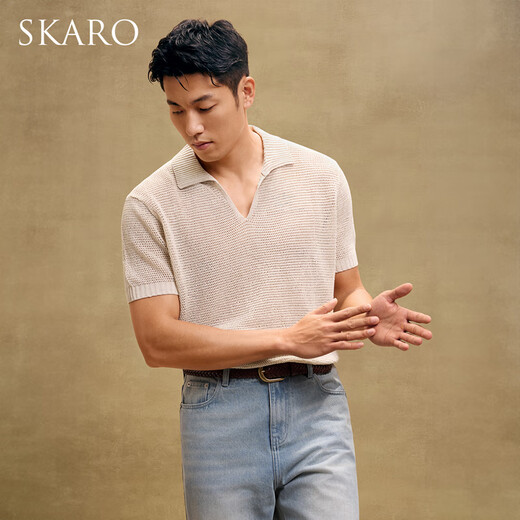 
SKARO [Holved Knitted] Seagull Neck POLO Shirt Men's 2025 Summer Casual Breathable V Neck Short Sleeve T-Shirt Apricot SKP841 L (=Shirt Size 41)